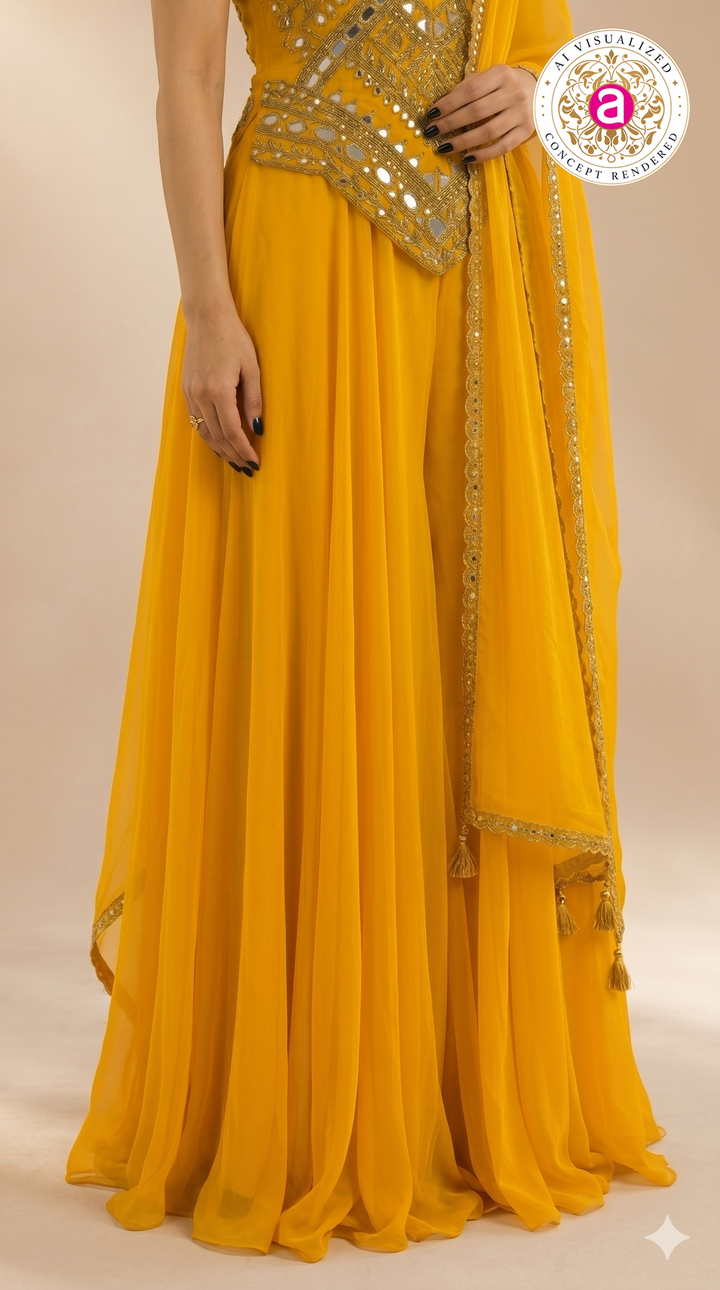 Mustard Yellow Mirror Work Palazzo Set with Draped Dupatta