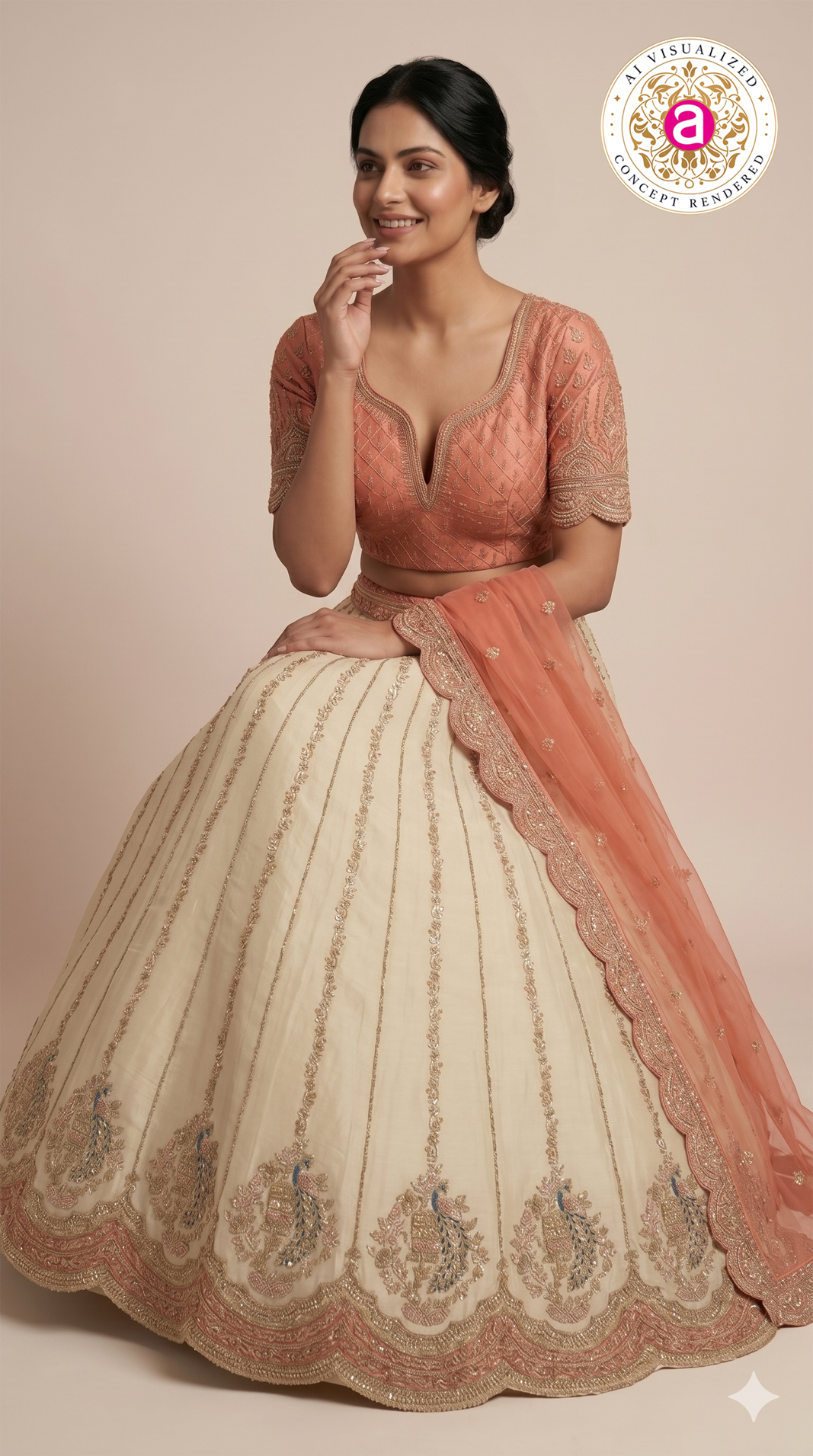Ivory White & Blush Peach Designer Embroidered Lehenga Set with Organza Dupatta