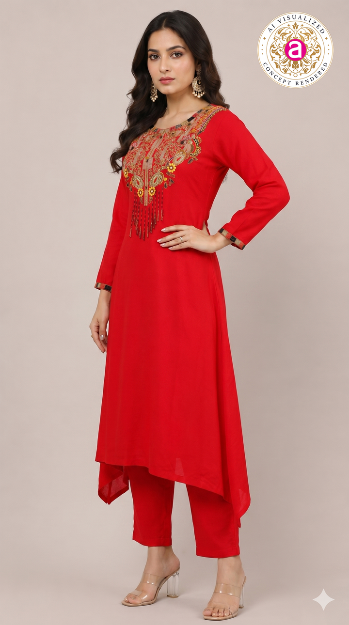 Red Handwork Kurta Pant Set