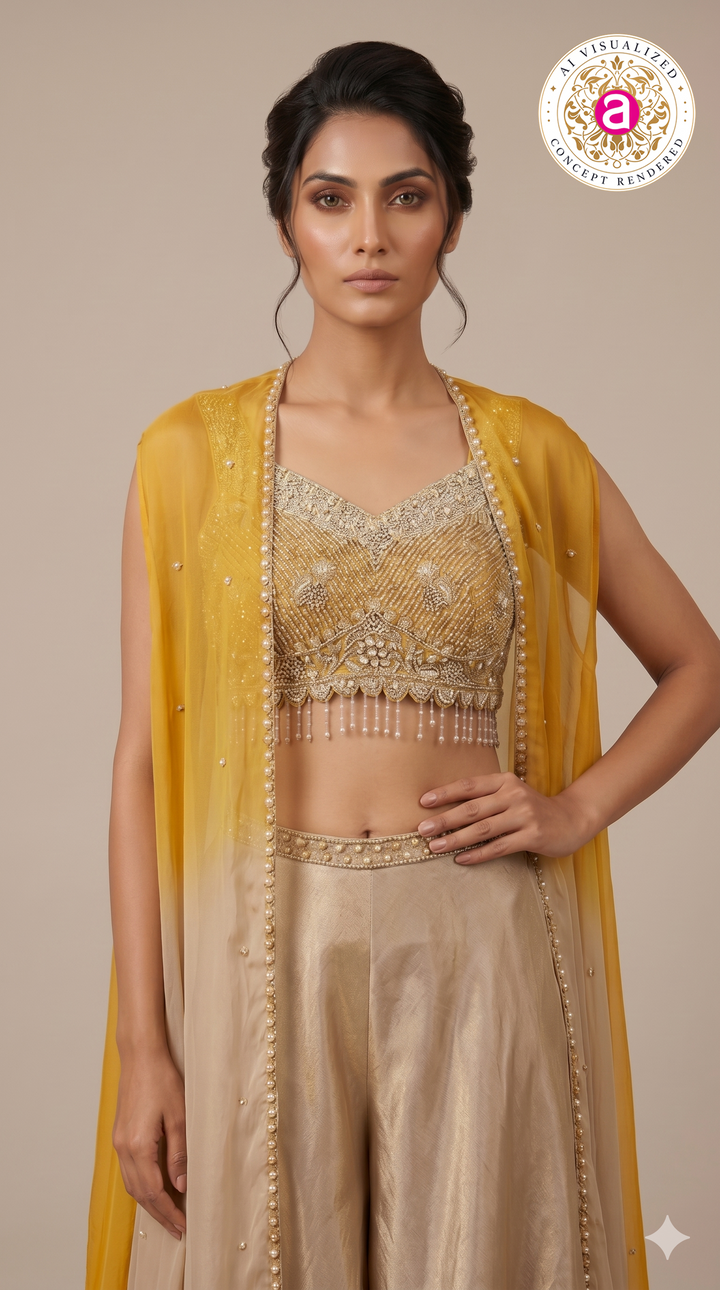 Mustard Yellow Cape Style Palazzo Set with Embellished Blouse