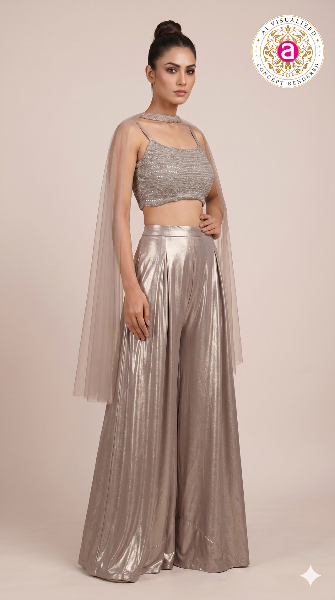 Champagne Beige Embellished Co-Ord Set with Cape Sleeves