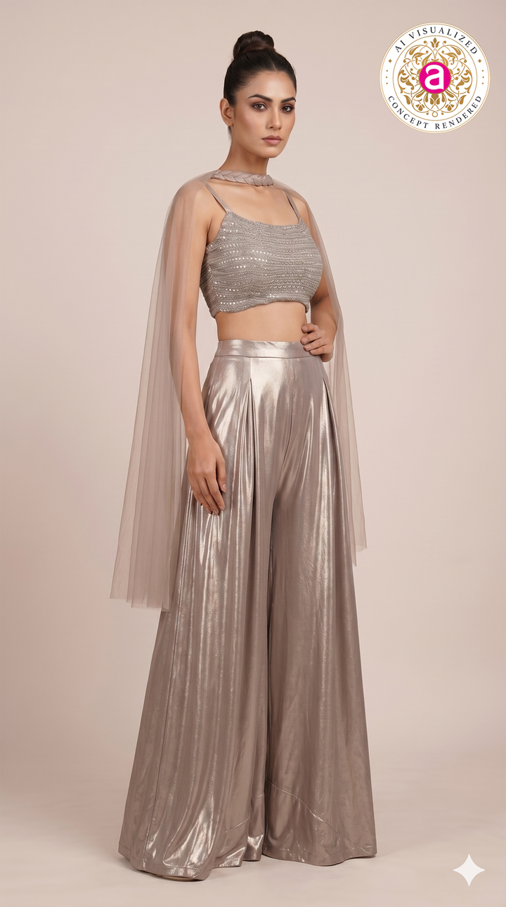 Champagne Beige Embellished Co-Ord Set with Cape Sleeves