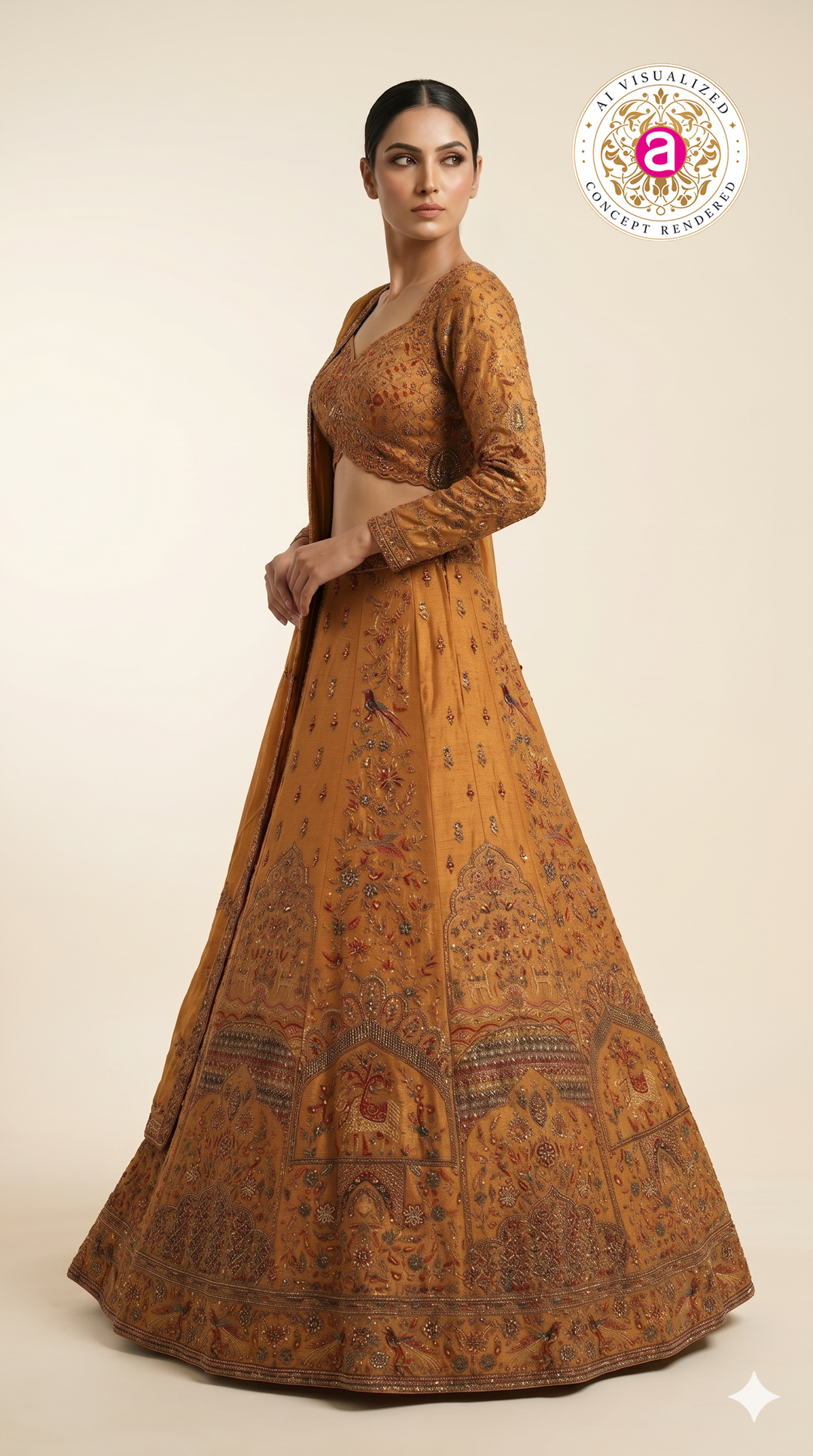 Mustard Yellow Embroidered Lehenga Set with Full Sleeve Designer Blouse & Dupatta
