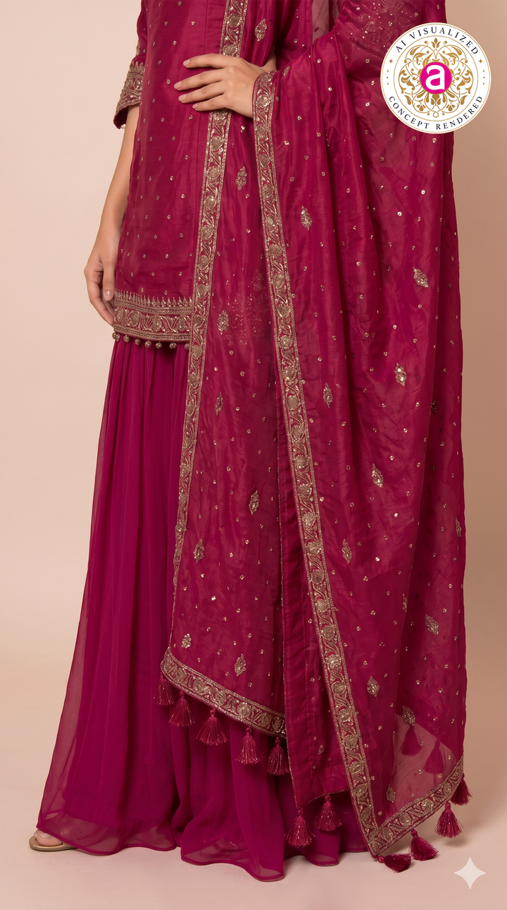 Fuchsia Pink Embroidered Kurta Sharara Set with Dupatta