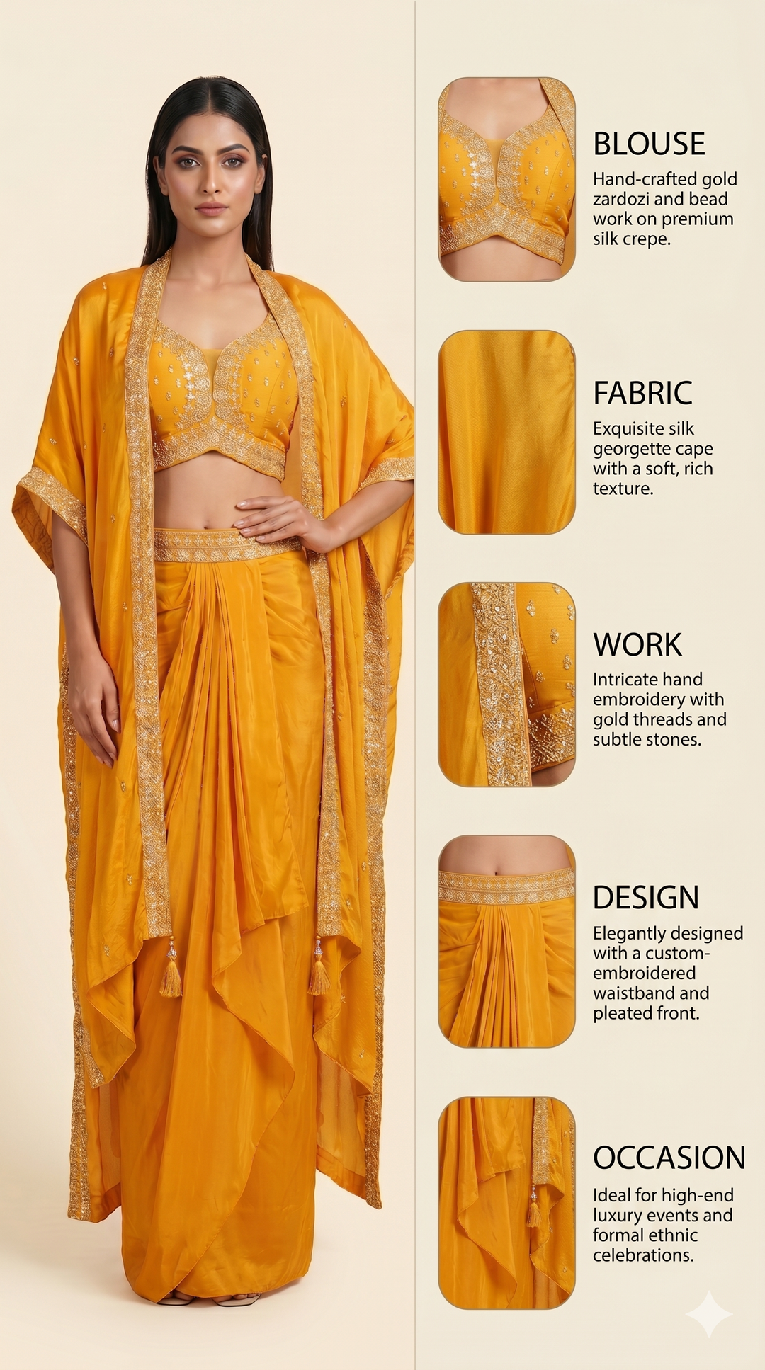 Mustard Yellow Embellished Dhoti Skirt Set with Cape