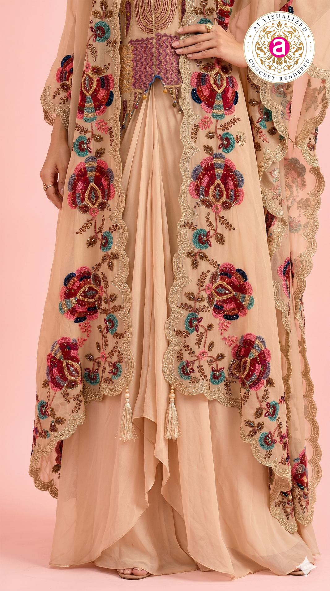 Peach Embroidered Palazzo Set with Handwork Cape Dupatta