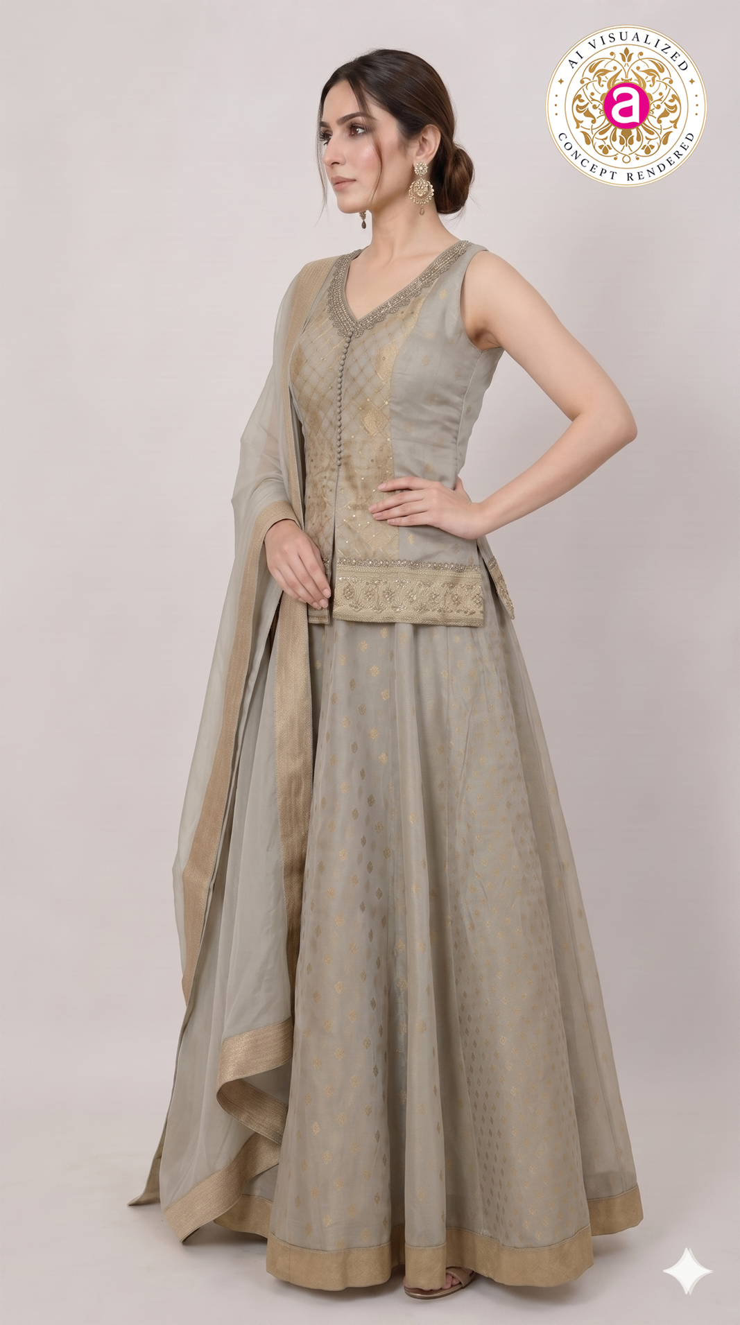 Silver Grey Jacquard Lehenga Set with Embroidered Jacket & Dupatta