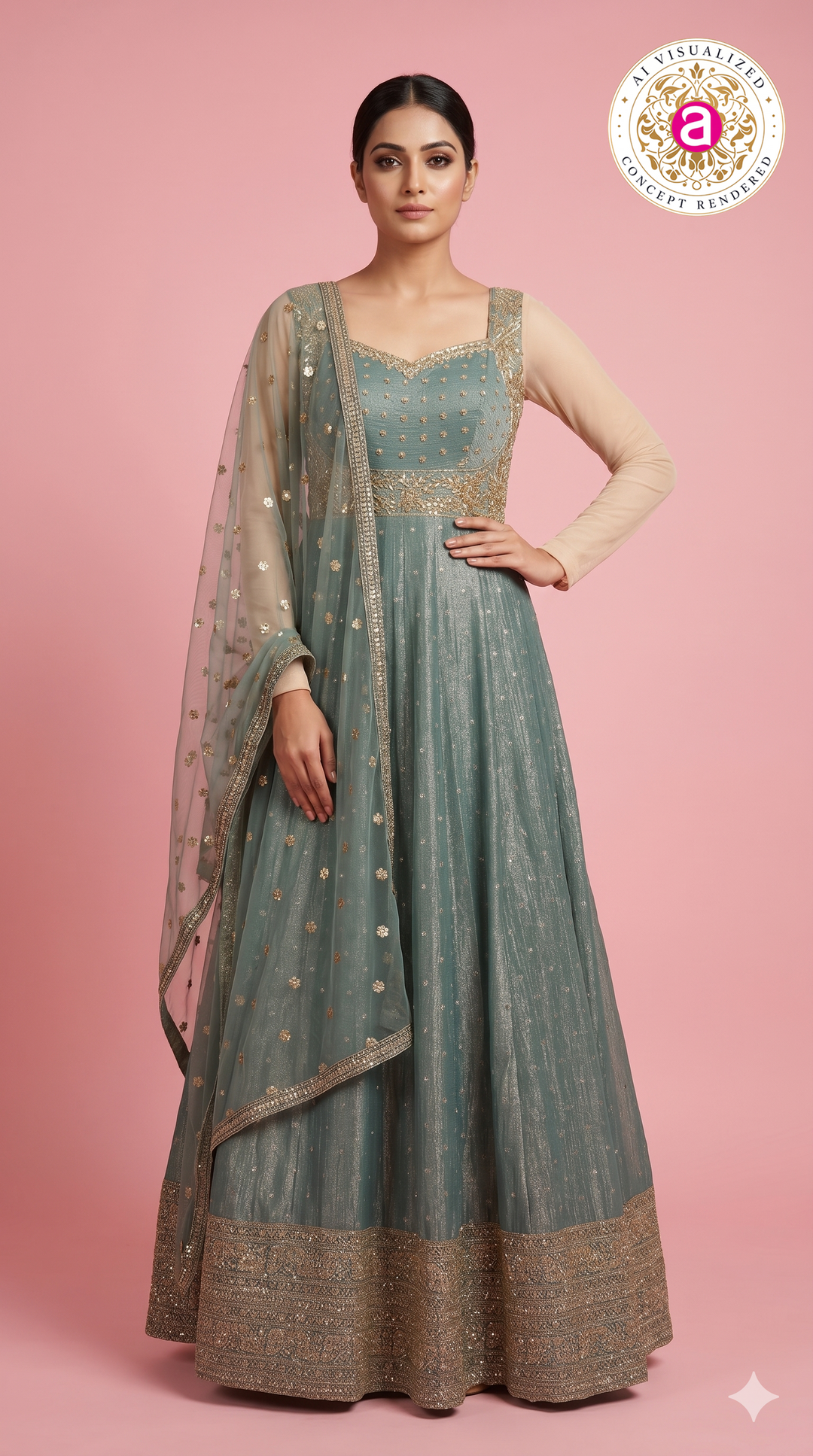 Sage Green Shimmer Anarkali Gown with Embroidered Dupatta