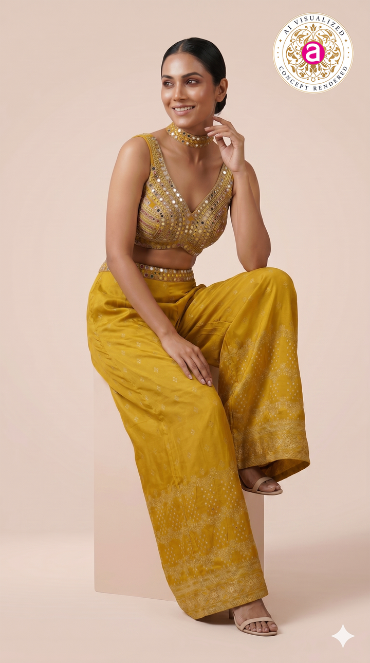 Mustard Yellow Mirror Work Indo-Western Co-Ord Set with Wide-Leg Palazzo Pants