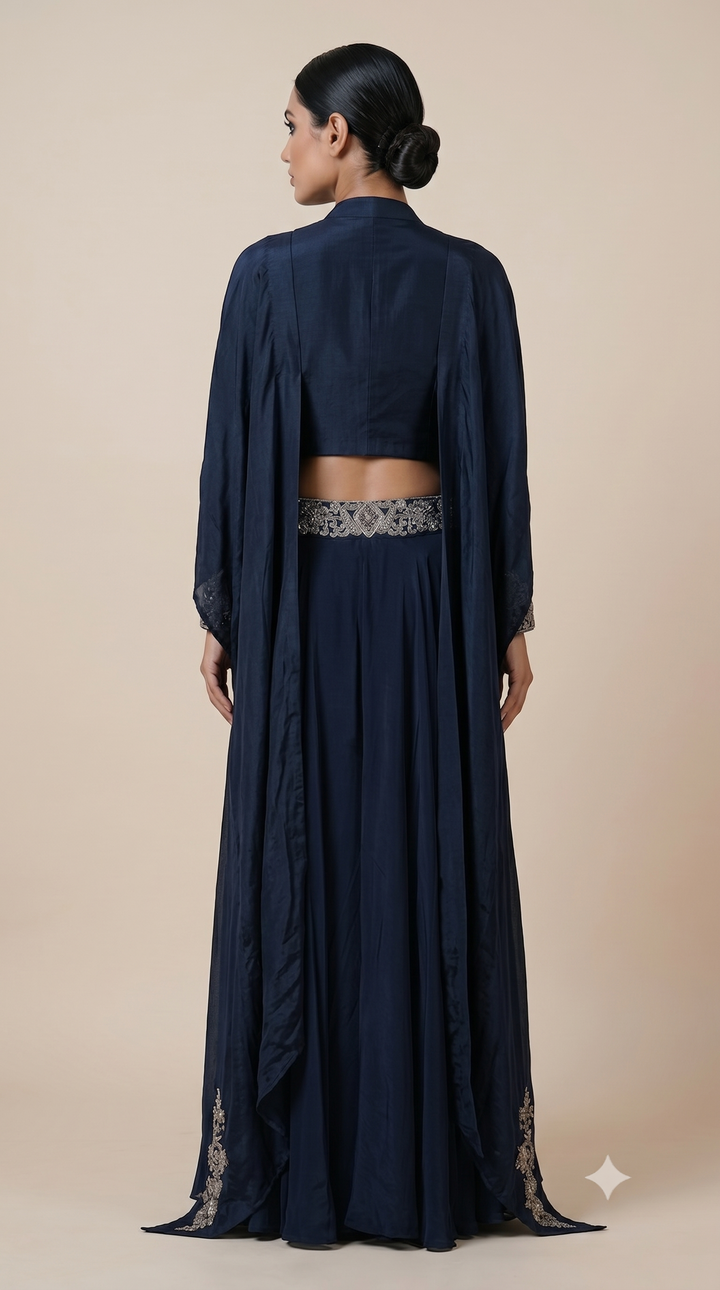 Midnight Blue Embroidered Cape Style Designer Ensemble