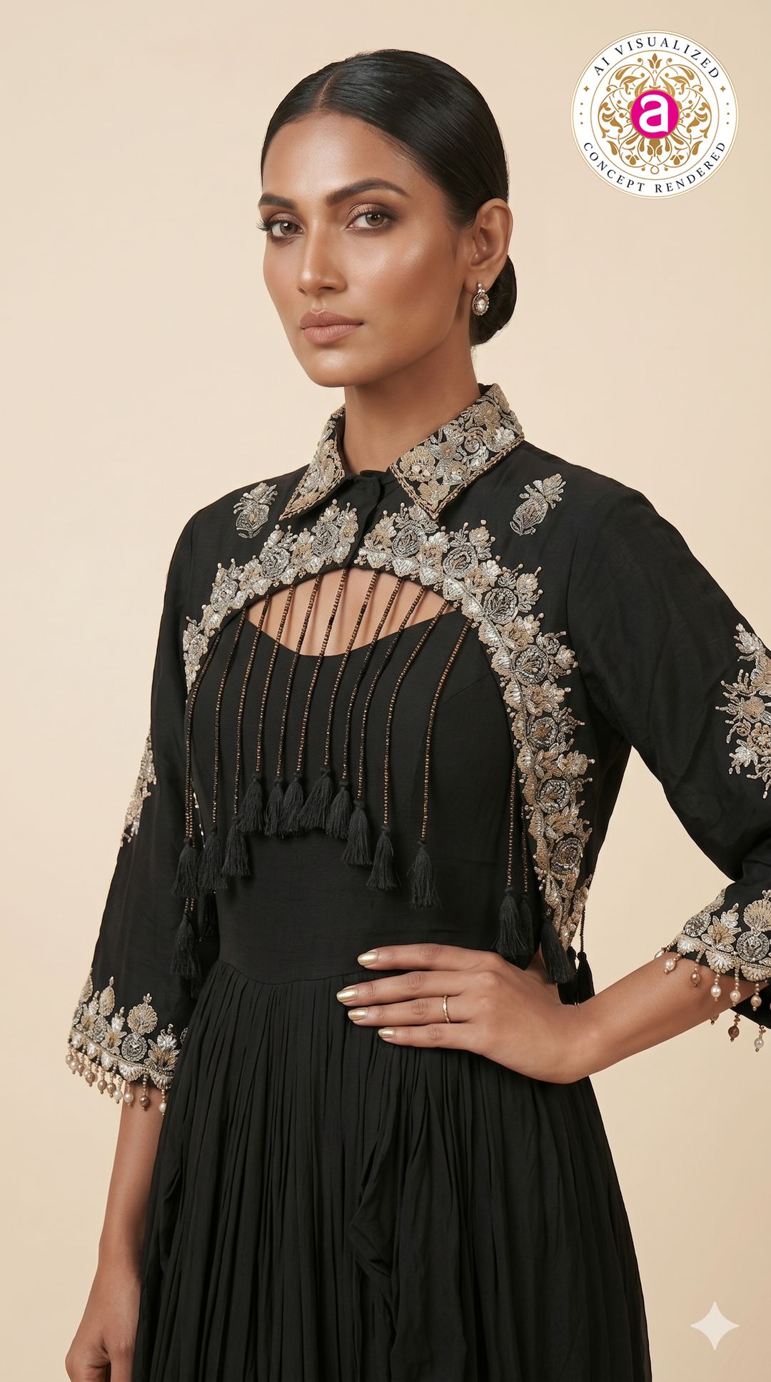 Midnight Black Embroidered Cape Style Draped Dress