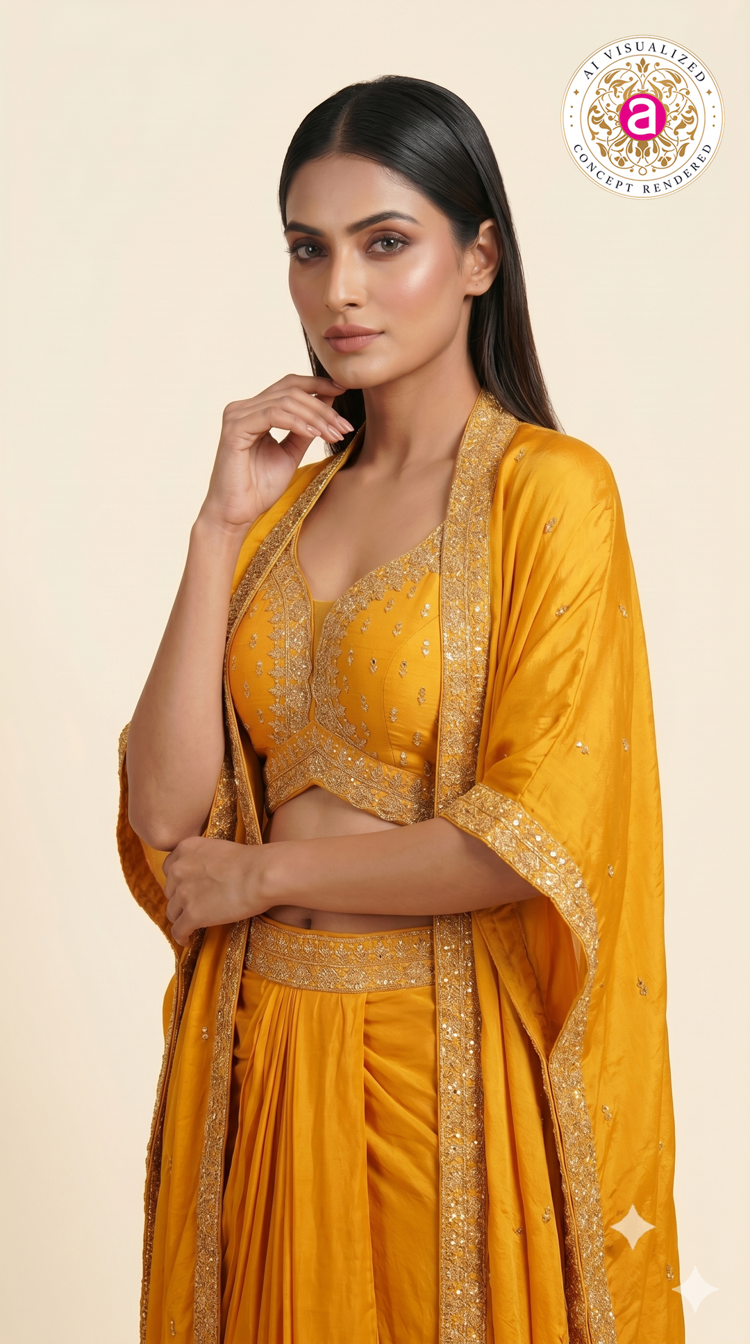 Mustard Yellow Embellished Dhoti Skirt Set with Cape