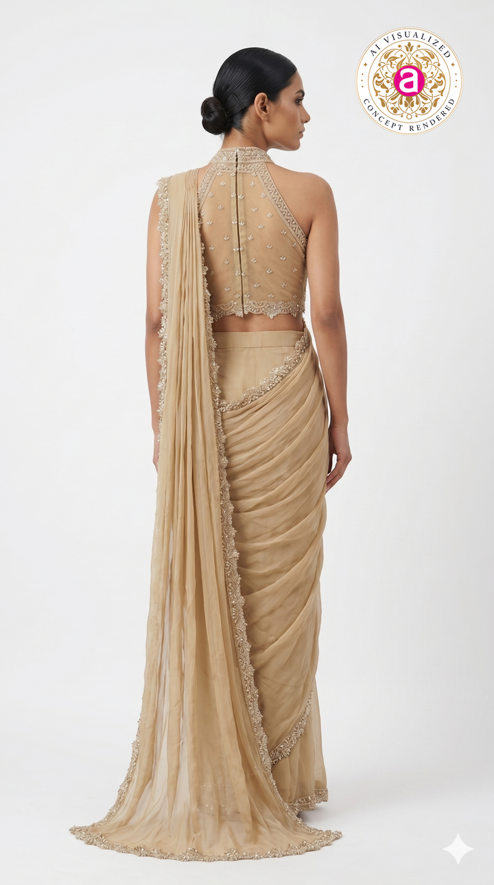 Champagne Beige Ready to Wear Saree with Embellished Halter Blouse
