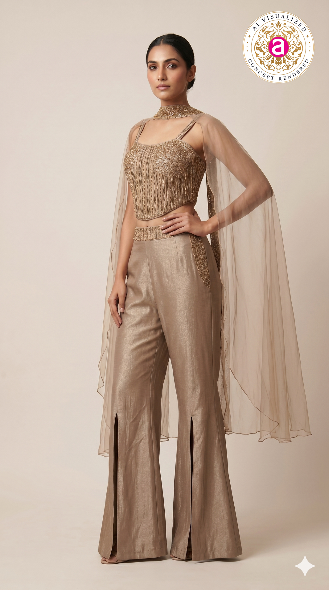 Champagne Gold Embellished Co-Ord Set with Cape Dupatta