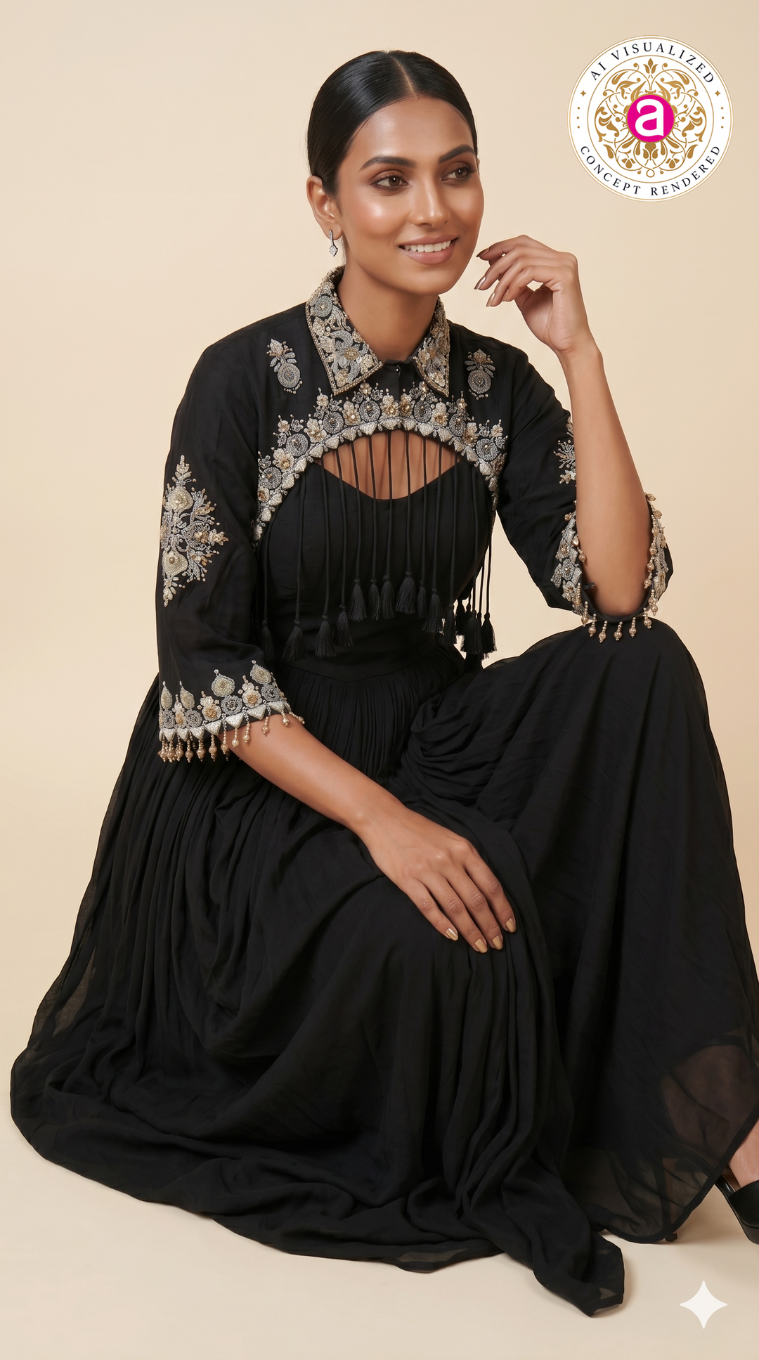 Midnight Black Embroidered Cape Style Draped Dress