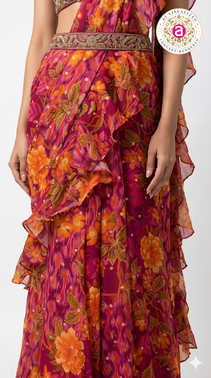 Rani Pink Floral Ready-to-Wear Saree with Ruffle Draping & Embroidered Halter Blouse