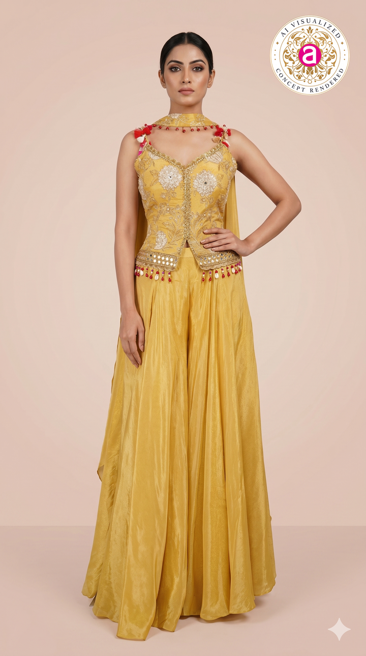 Sunshine Yellow Embroidered Palazzo Set with Tassel Choker Dupatta