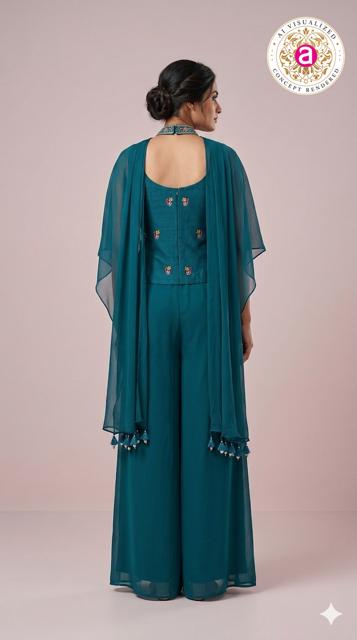 Teal Blue Kashmiri Embroidered Palazzo Set with Statement Choker Neckline