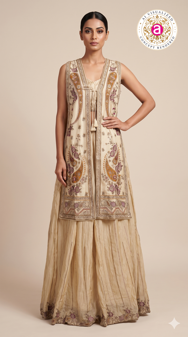 Champagne Embroidered Jacket Style Sharara Set with Crop Top
