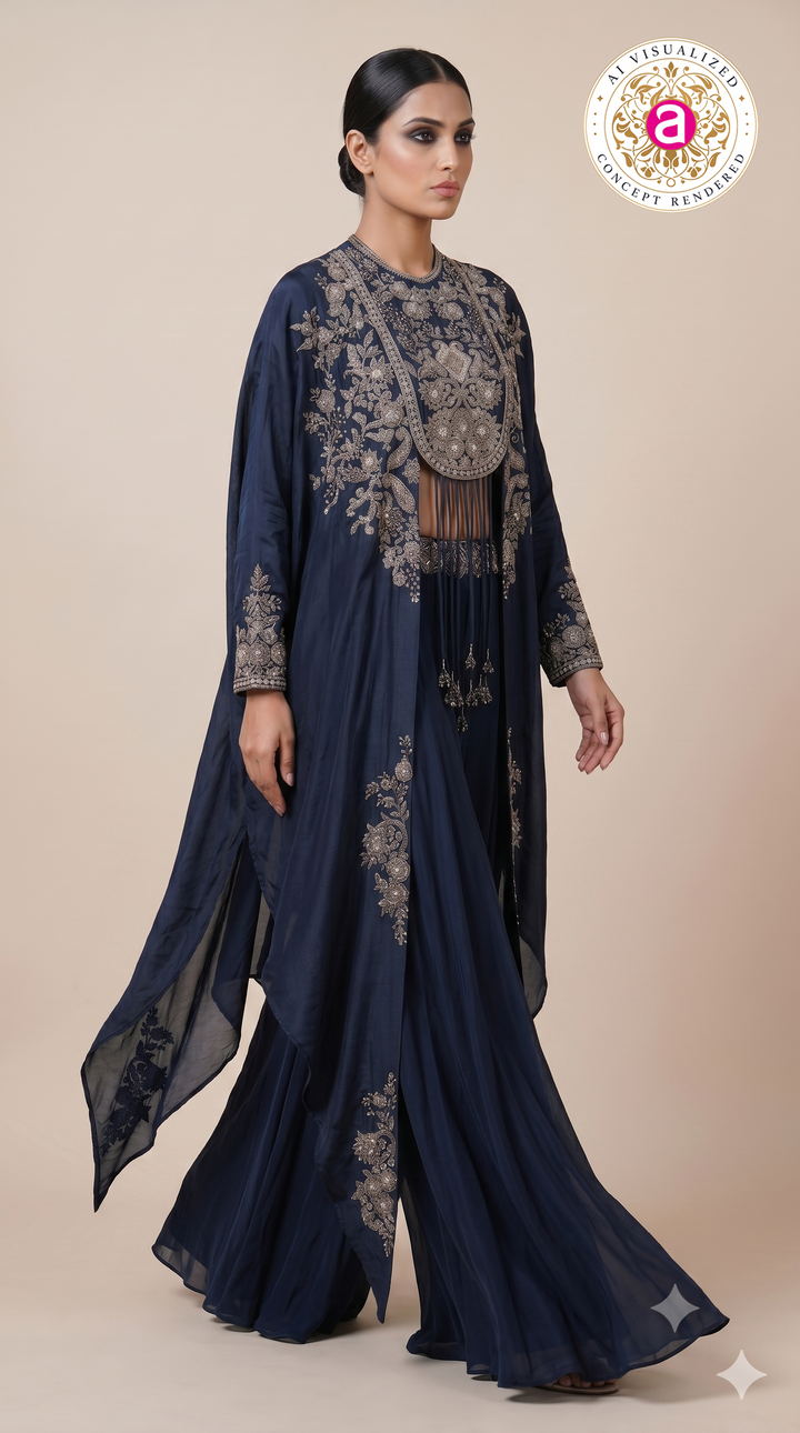 Midnight Blue Embroidered Cape Style Designer Ensemble