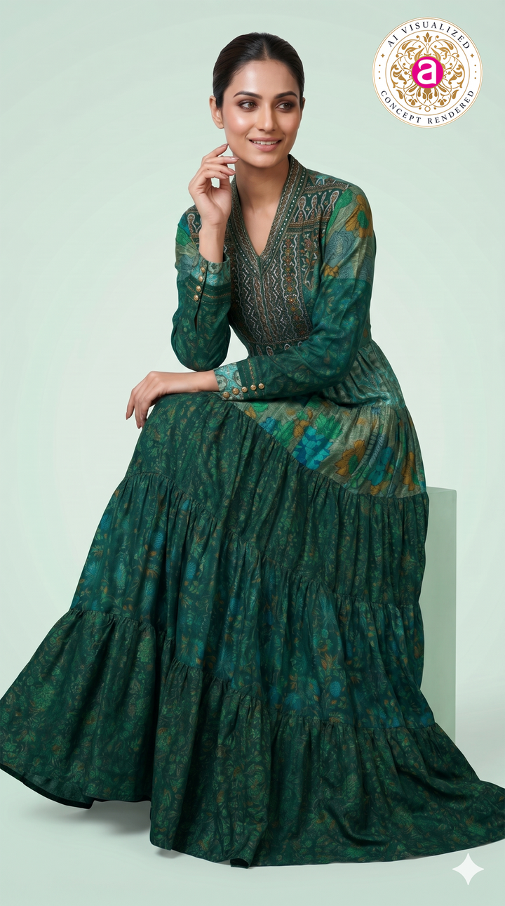 Emerald Green Printed Tiered Maxi Dress