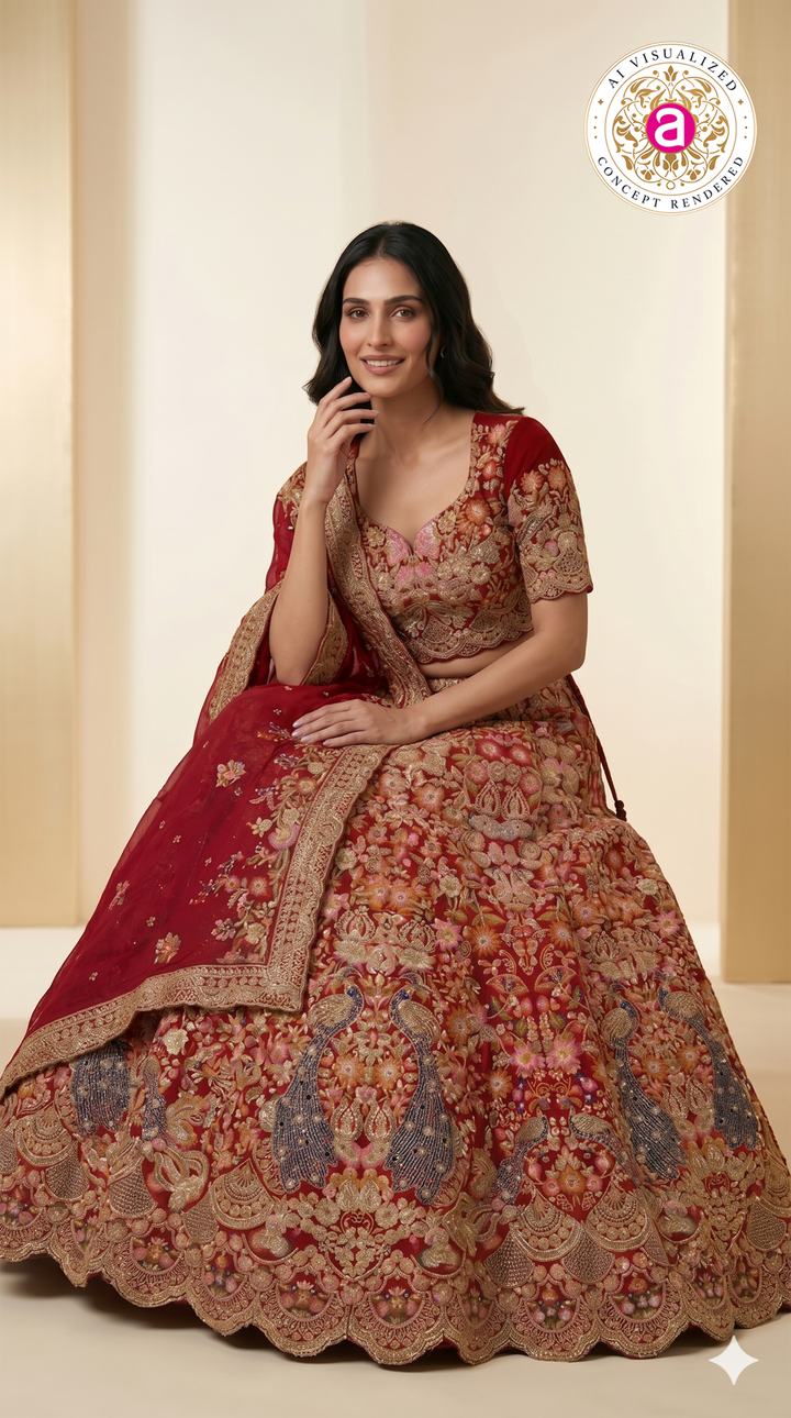 Royal Crimson Bridal Lehenga Set with Intricate Zardozi Embroidery & Peacock Motifs