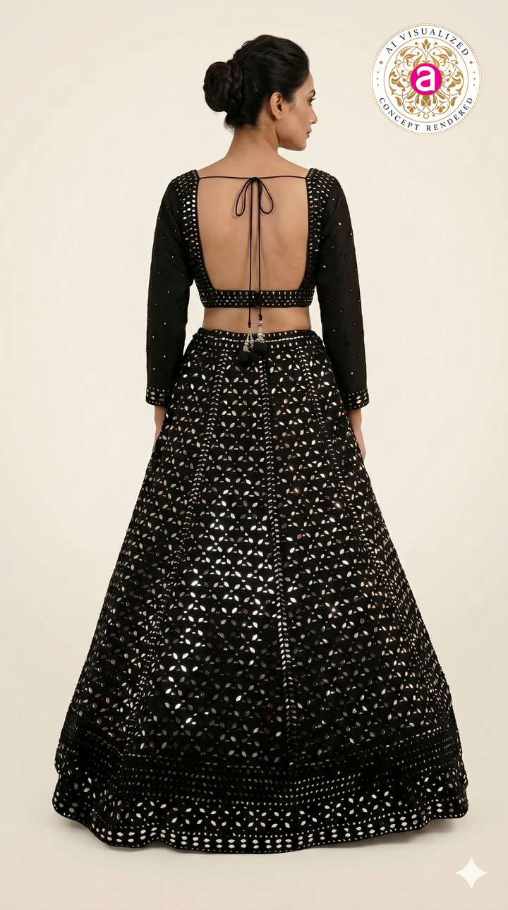Midnight Black Mirror Work Lehenga Set with Full Sleeve Designer Blouse