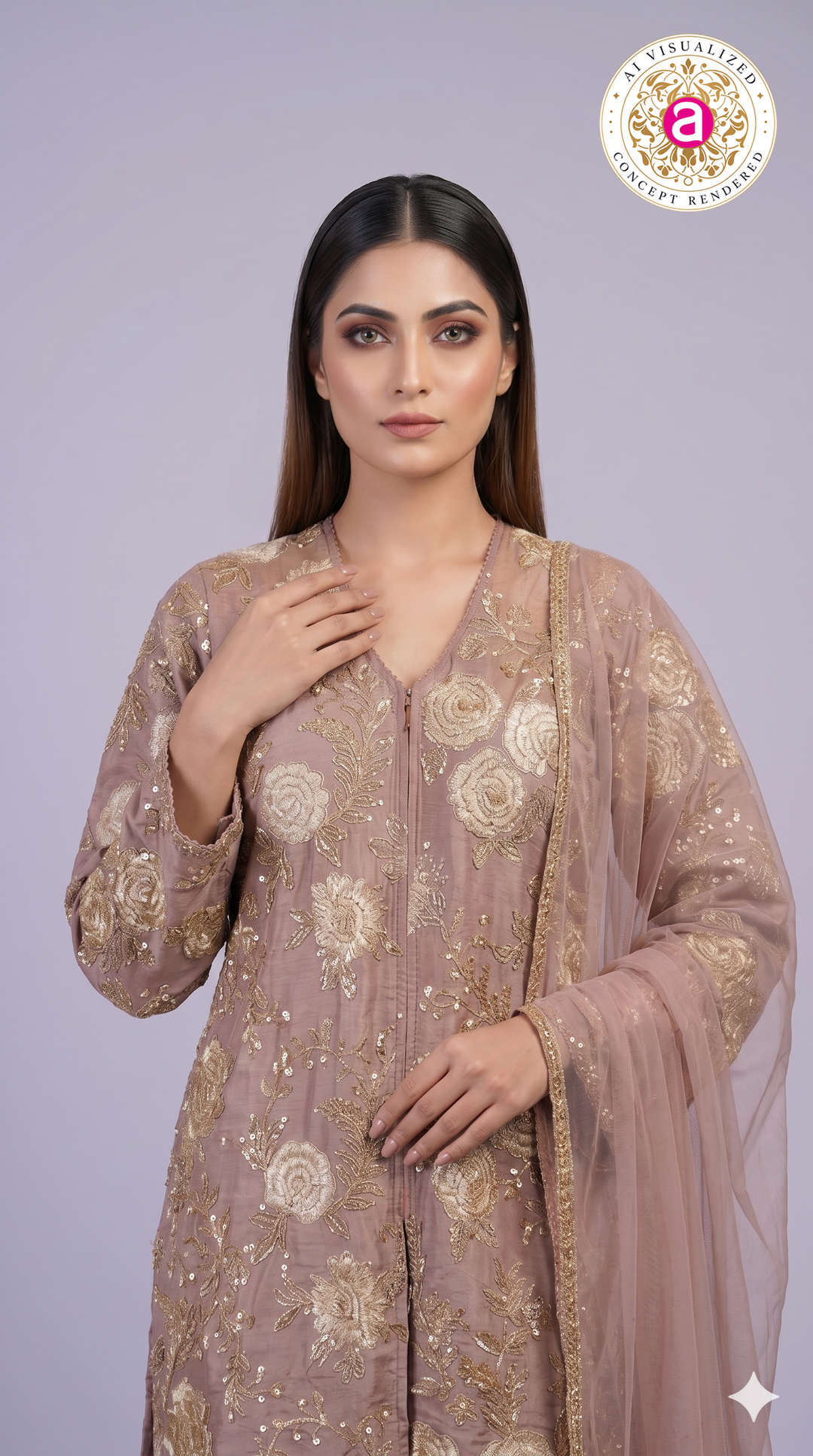 Dusty Rose Floral Embroidered Straight Kurta Set with Dupatta