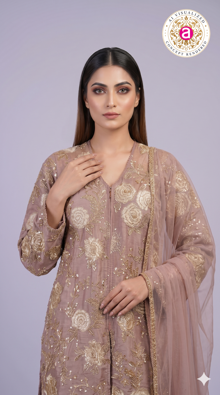 Dusty Rose Floral Embroidered Straight Kurta Set with Dupatta