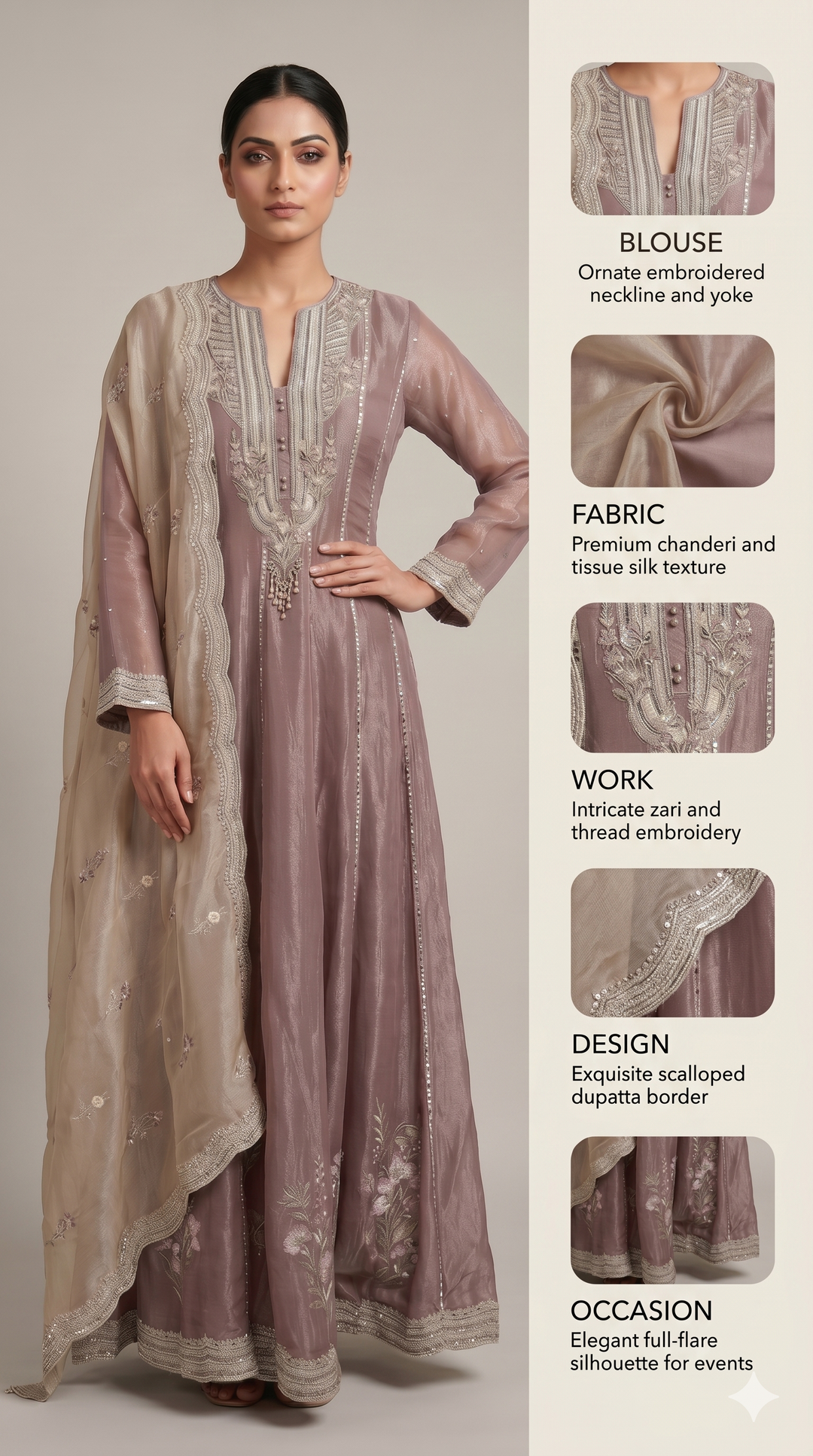 Dusty Mauve Embroidered Anarkali Kurta Set with Palazzo & Organza Dupatta
