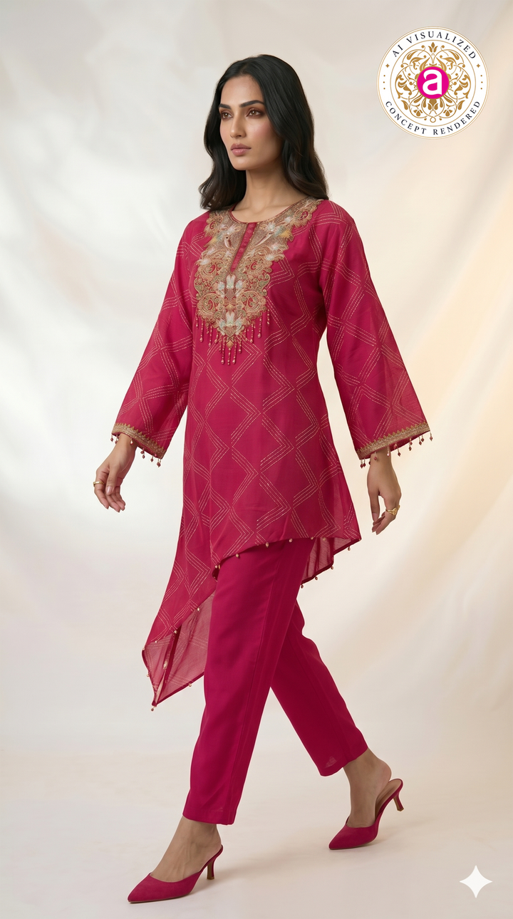 Rani Pink Embroidered Asymmetric Co-ord Set