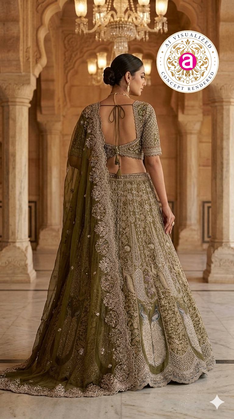 Olive Green Designer Bridal Lehenga Set with Heavy Embroidery & Elegant Dupatta