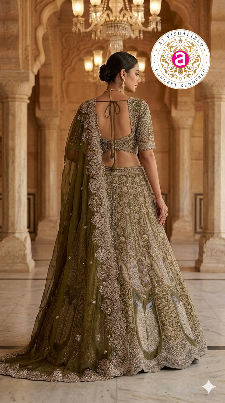 Olive Green Designer Bridal Lehenga Set with Heavy Embroidery & Elegant Dupatta