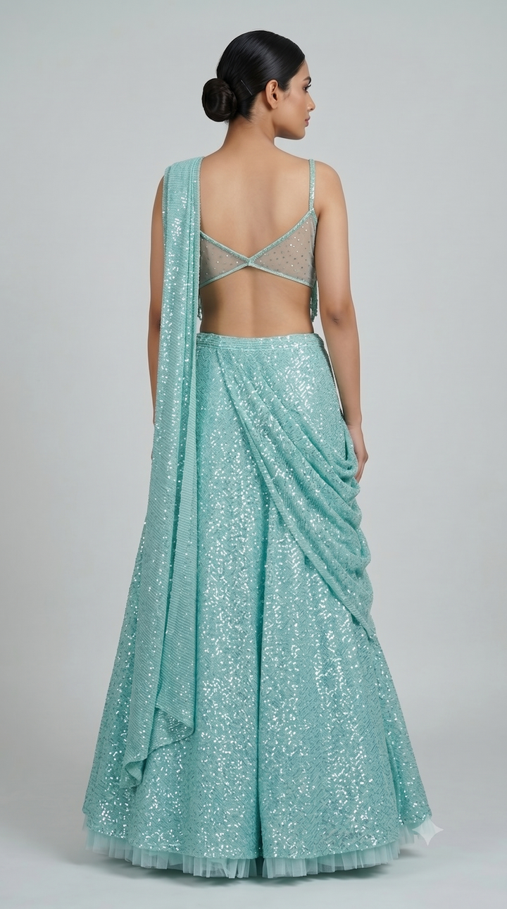 Ice Blue Sequin Draped Lehenga with Fringe Blouse