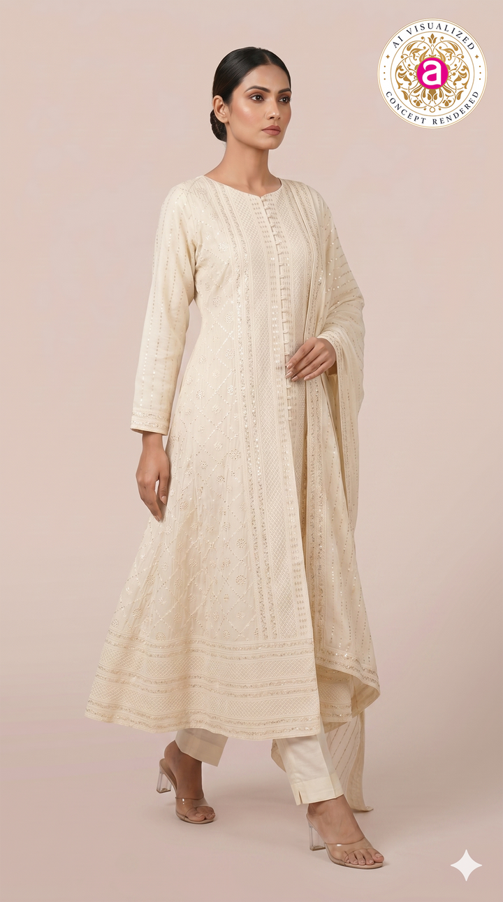 Ivory White Embroidered Straight Kurta Set with Dupatta