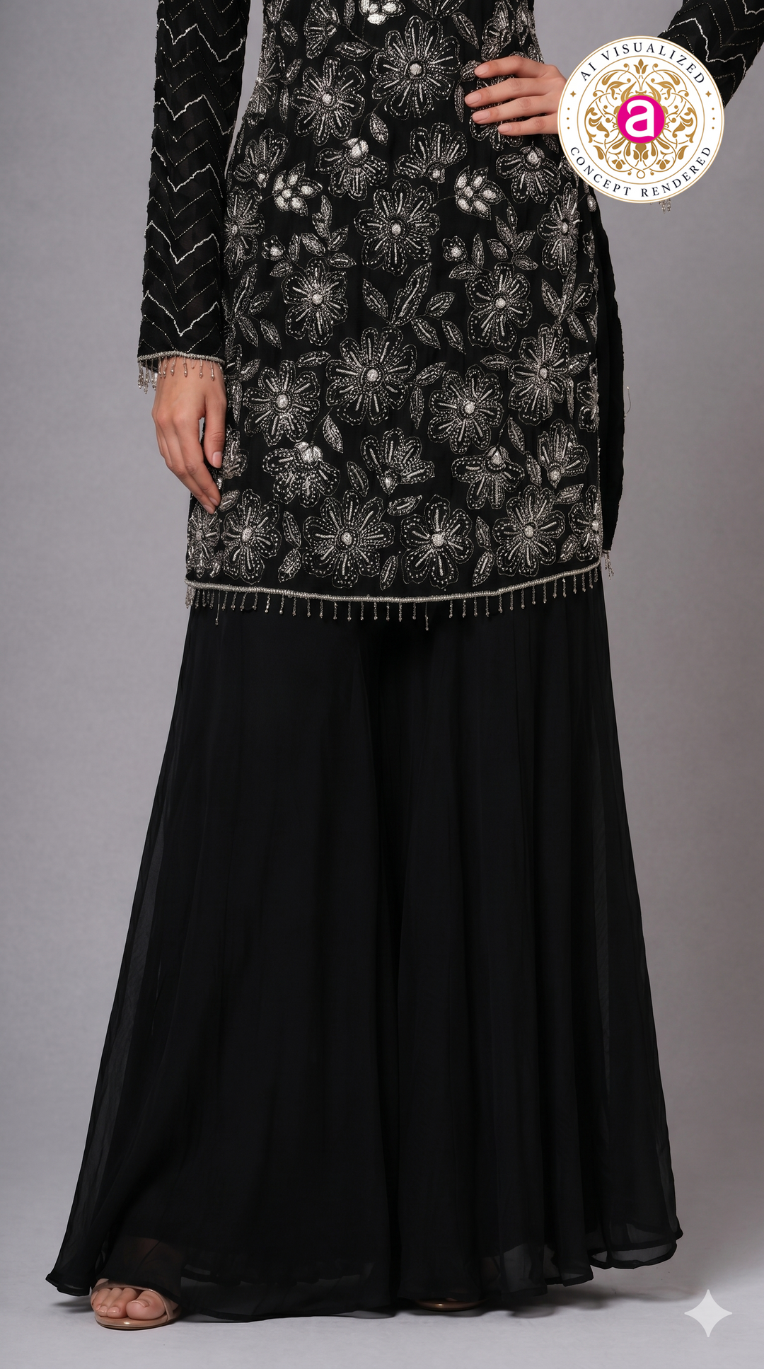 Black Embroidered Kurta Sharara Set