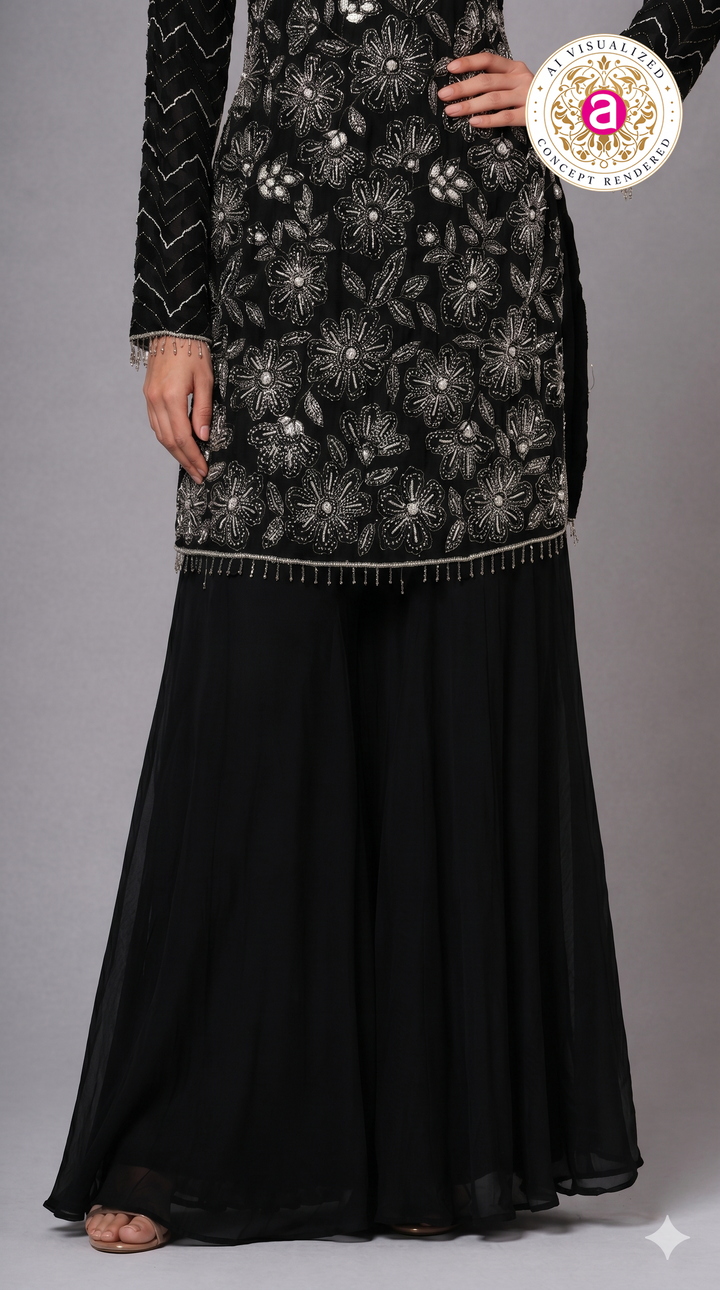 Black Embroidered Kurta Sharara Set