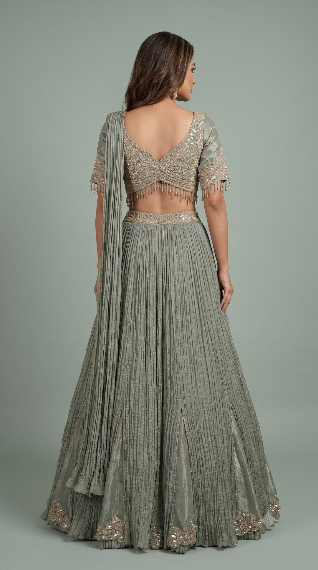 Dusty Sage Green Crushed Lehenga Set with Embroidered Blouse & Drape Dupatta
