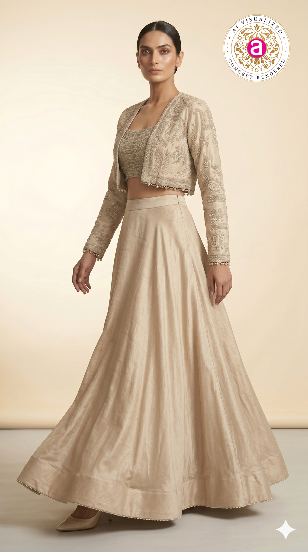 Champagne Beige Embroidered Lehenga Set with Jacket