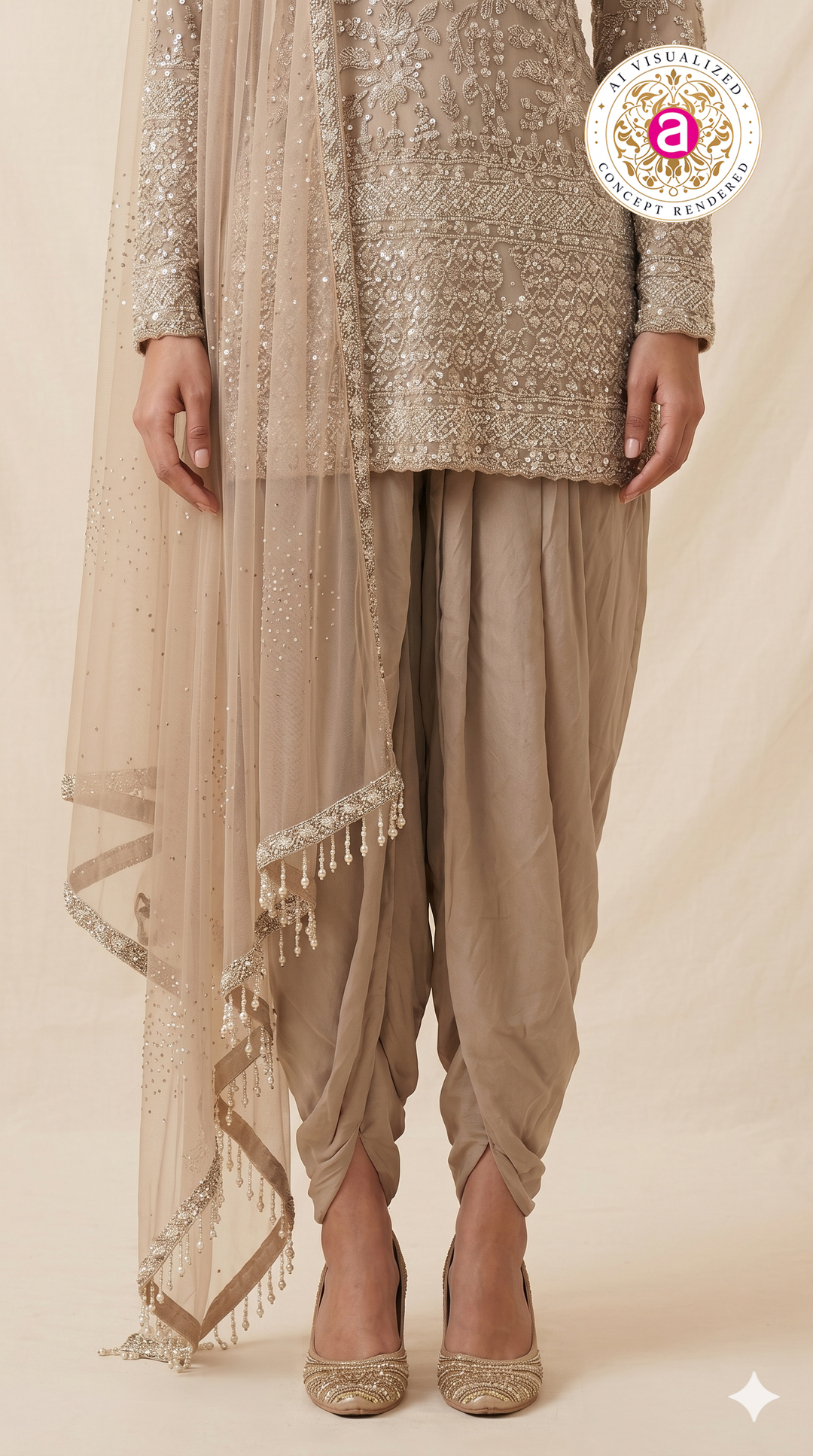 Taupe Beige Heavily Embroidered Kurta Set with Draped Dhoti Pants & Net Dupatta