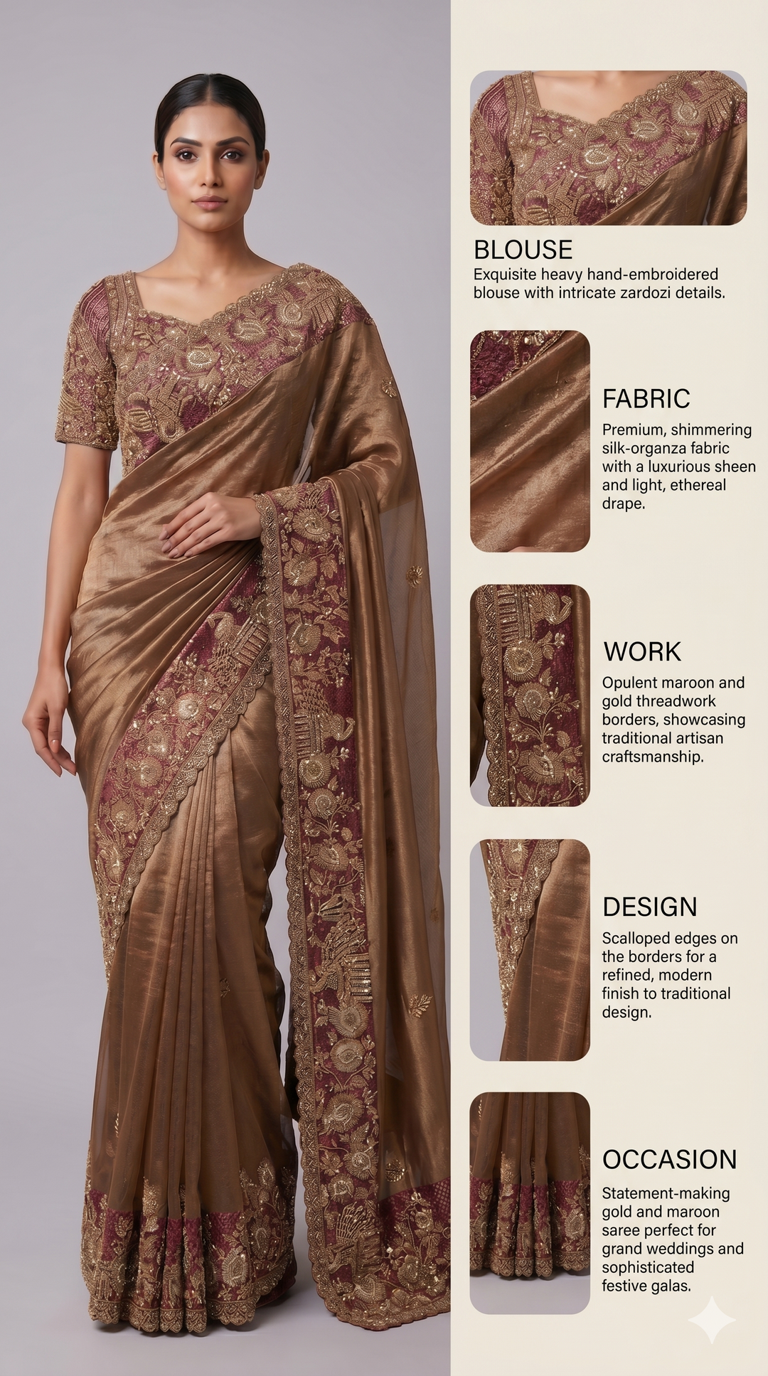 Copper Gold Designer Saree with Maroon Heritage Embroidered Border