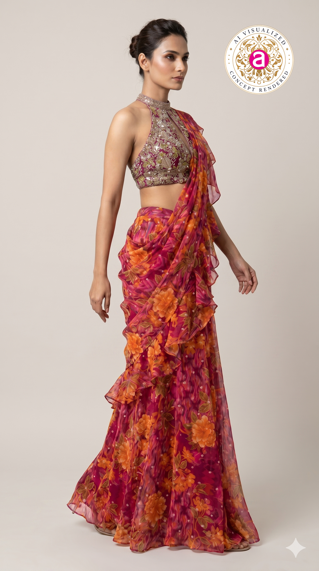 Rani Pink Floral Ready-to-Wear Saree with Ruffle Draping & Embroidered Halter Blouse