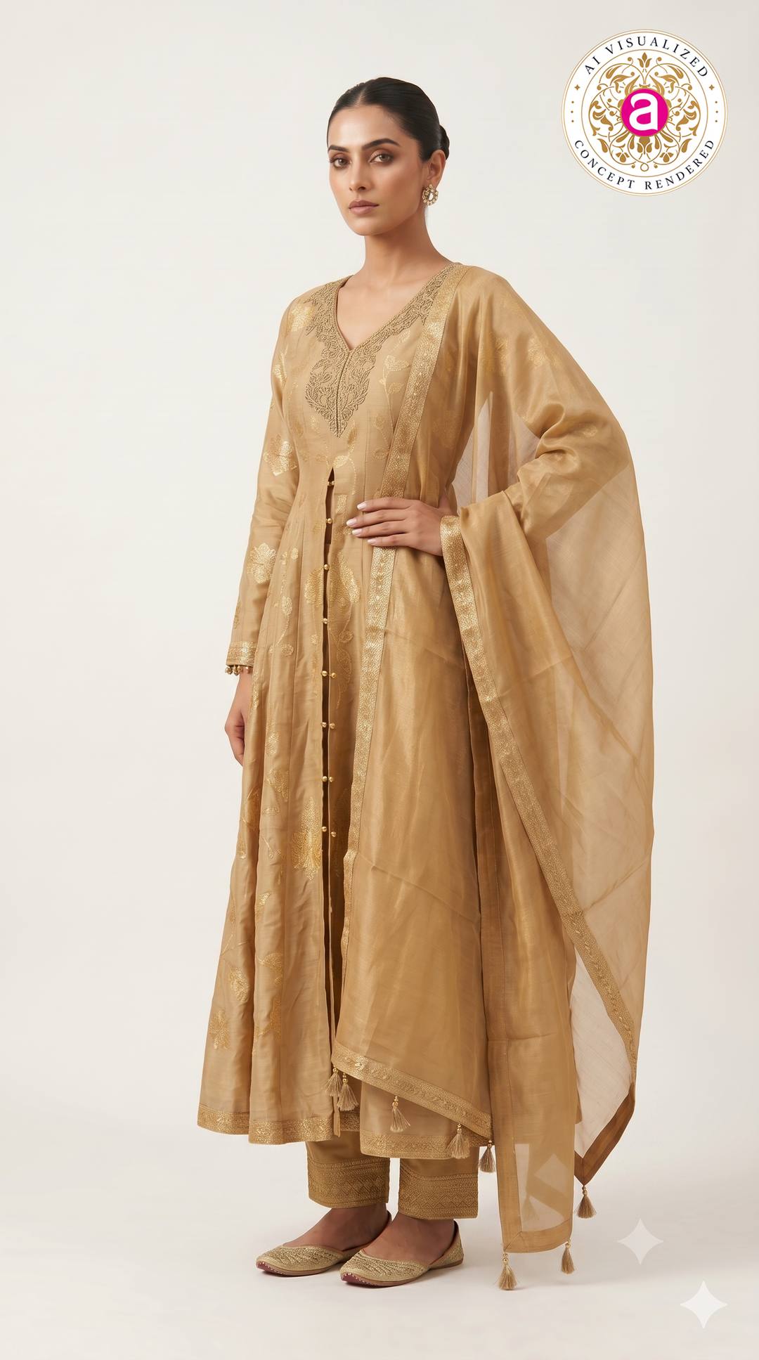 Golden Beige Floral Woven Anarkali Suit Set