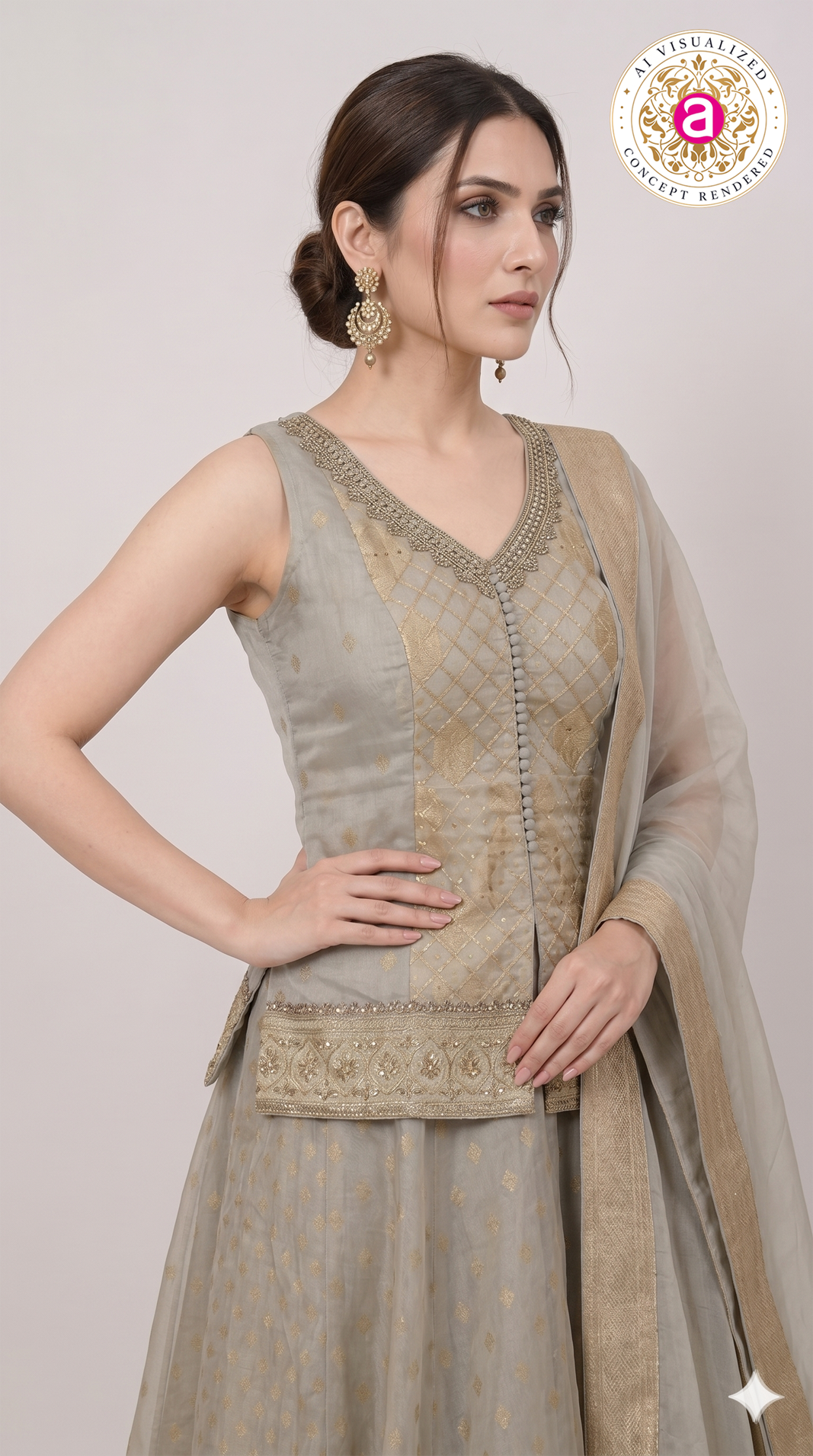 Silver Grey Jacquard Lehenga Set with Embroidered Jacket & Dupatta