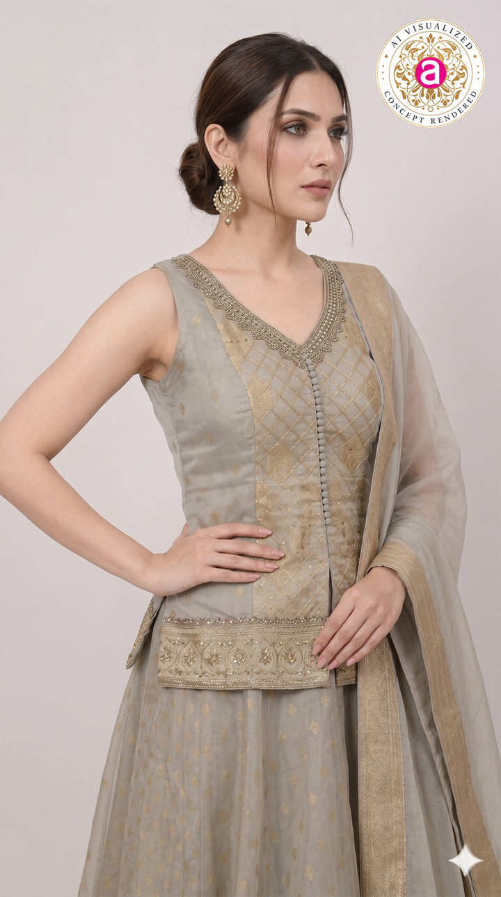 Silver Grey Jacquard Lehenga Set with Embroidered Jacket & Dupatta
