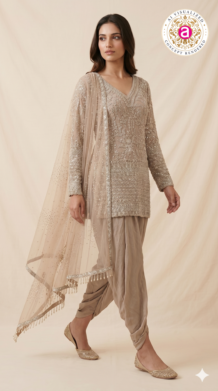 Taupe Beige Heavily Embroidered Kurta Set with Draped Dhoti Pants & Net Dupatta