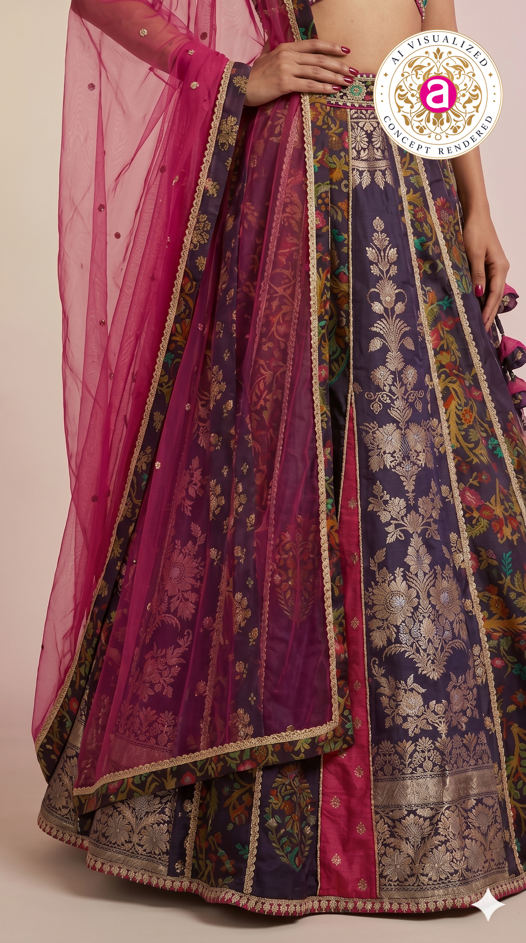 Royal Purple Multicolour Panelled Designer Lehenga Choli with Embroidered Blouse