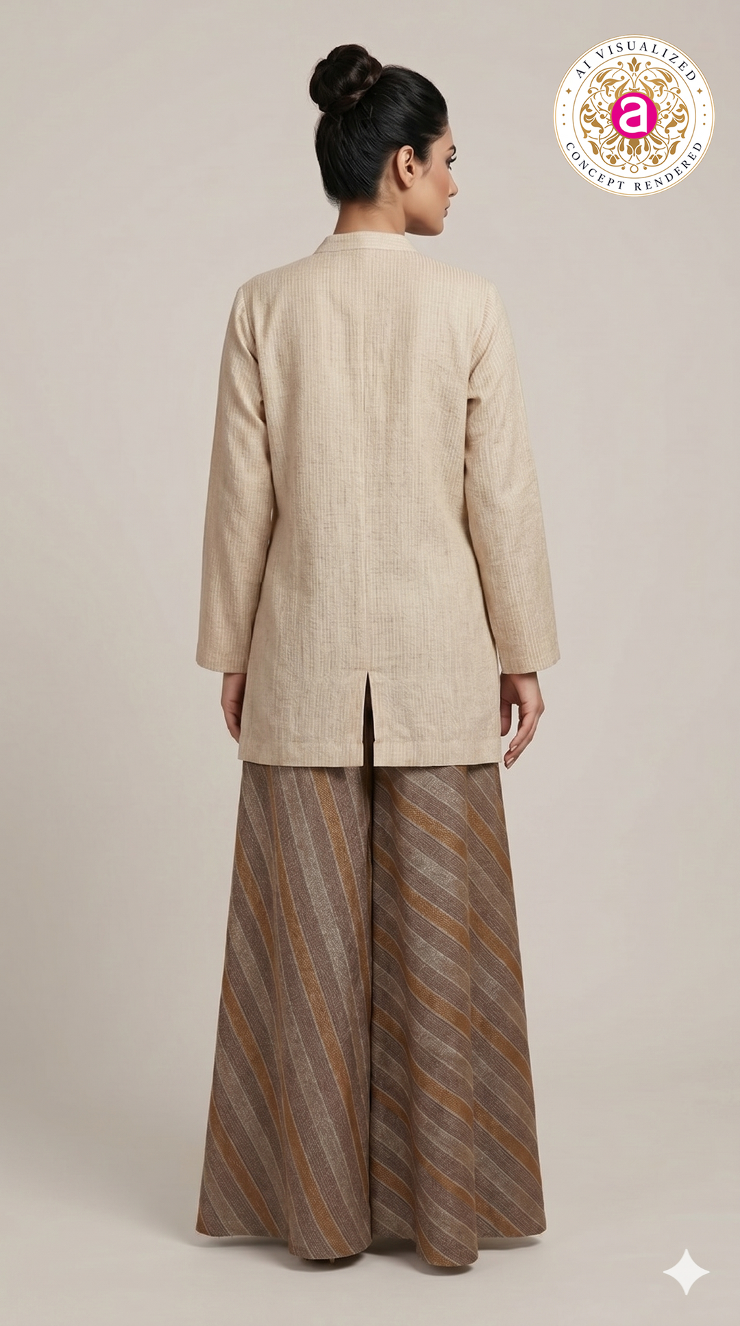 Beige Embroidered Tunic with Striped Palazzo Set