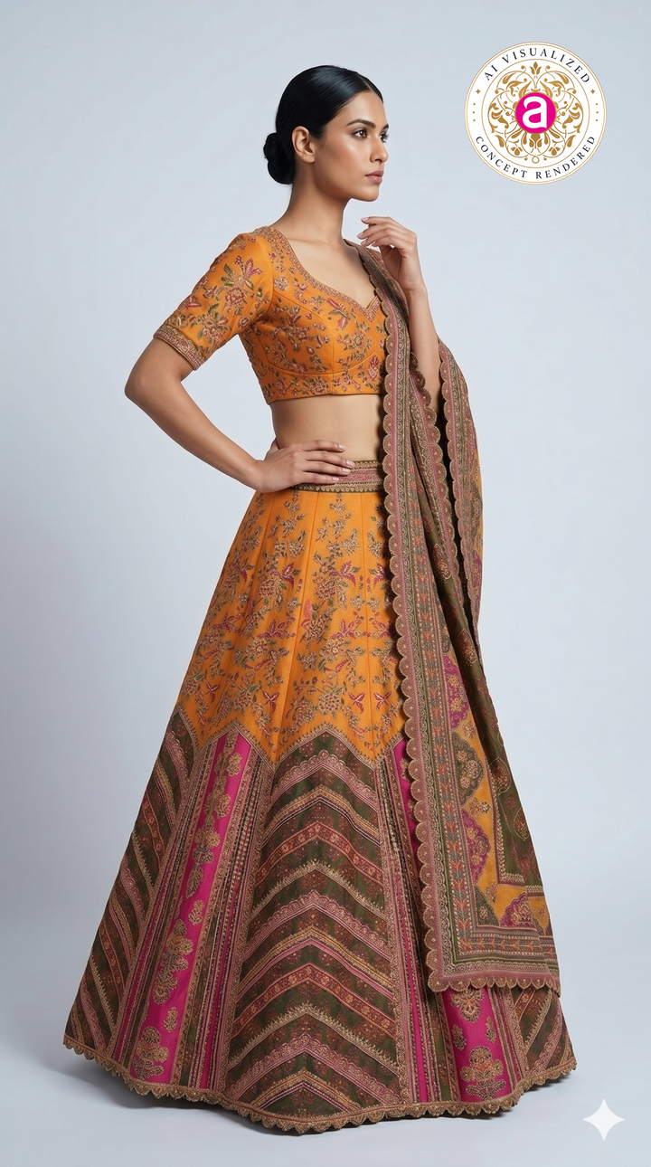 Rust Orange Printed Lehenga Choli with Traditional Border Dupatta