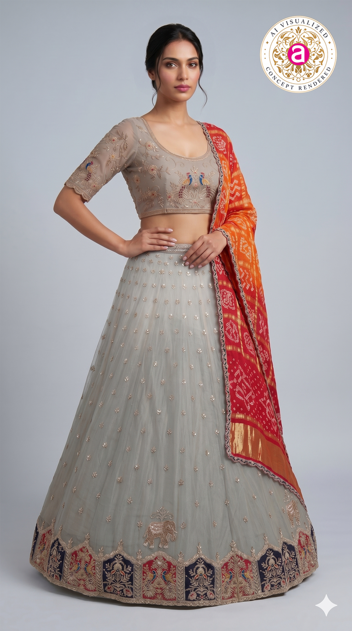Ivory Grey Designer Lehenga Set with Peacock Embroidery & Bandhani Dupatta